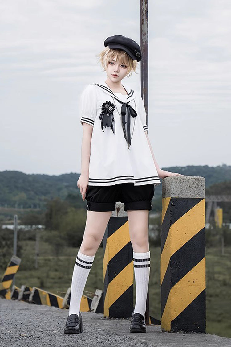 Old Stories Navy Collar Bow Ouji Gothic Lolita Blouse Shorts Set