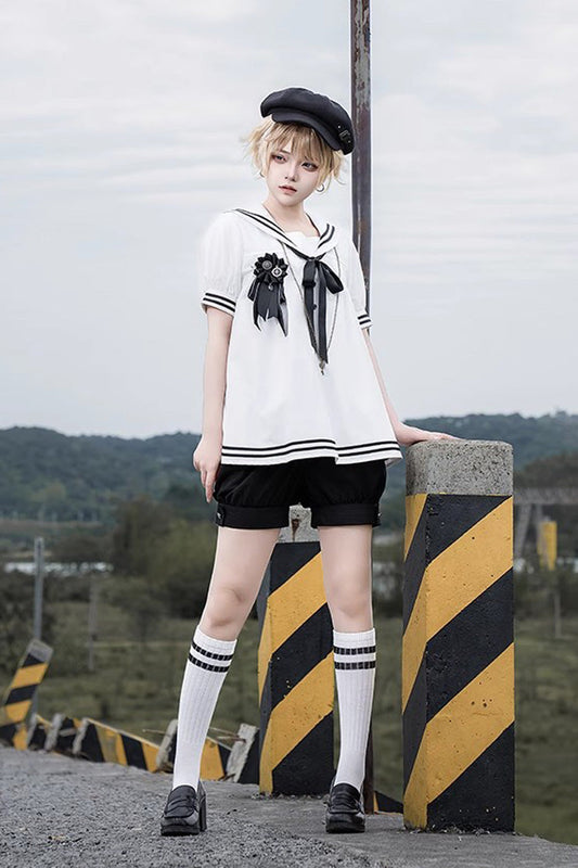Old Stories Navy Collar Bow Ouji Gothic Lolita Blouse Shorts Set