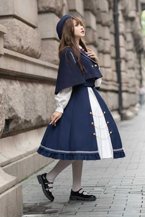 Cerulean and Ivory Double-Breasted High Waist College Style Sweet Lolita Full Set with Suit Collar