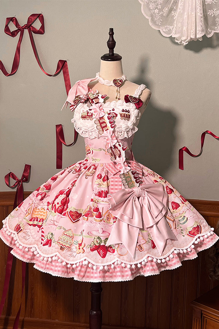 Mint Strawberry Dessert Printed Natural Waist Sweet Lolita JSK Dress - Ruffled