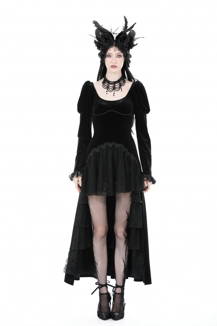 Ink Crewneck Long Puff-Sleeve Lace Hem High-Low Velvet Gothic Wedding Dress for Women