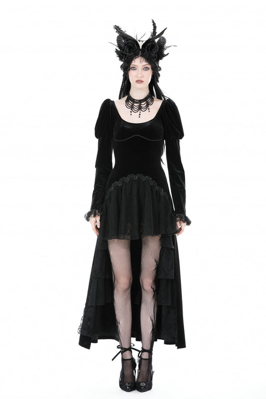 Ink Crewneck Long Puff-Sleeve Lace Hem High-Low Velvet Gothic Wedding Dress for Women