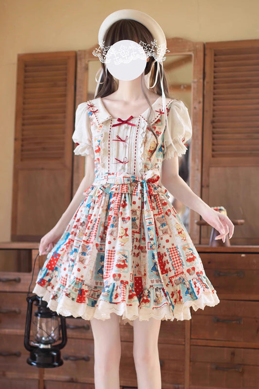 Multi-Color Vintage Print Dress with Ruffled Bow and Short Sleeves