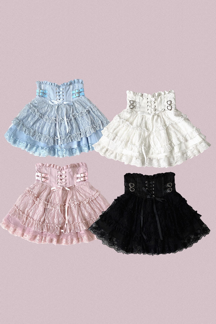 Rose Palpitations High Waisted Sweet Jirai Kei Skirt with Lace