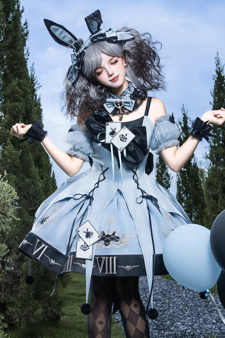 Blue Sleeveless Gothic Lolita JSK Dress Jacquard Ruffled Lace-Up - The Clock Rabbit's Card Game