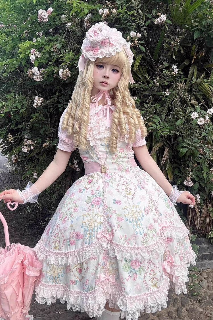 Ivory & Pink Sleeveless Floral Wall Print Lace Bow Sweet Lolita JSK Dress