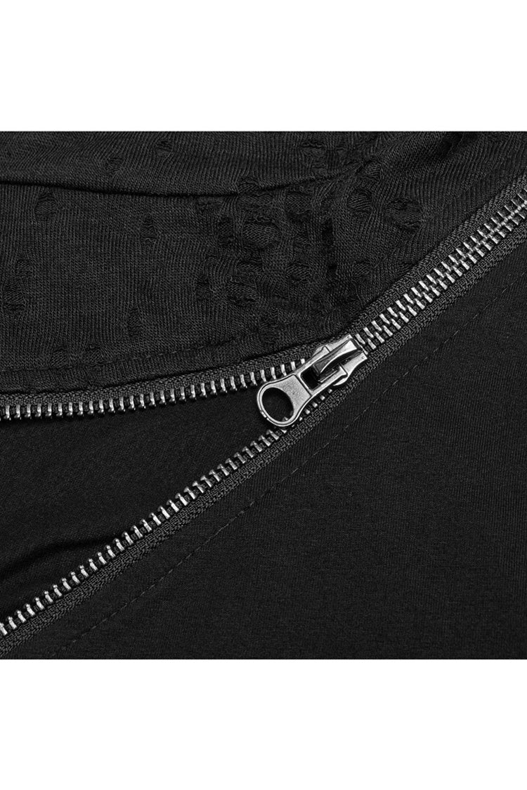 Jet-Black Knit Tee with Pleated Cutouts and Slit Hem for Women