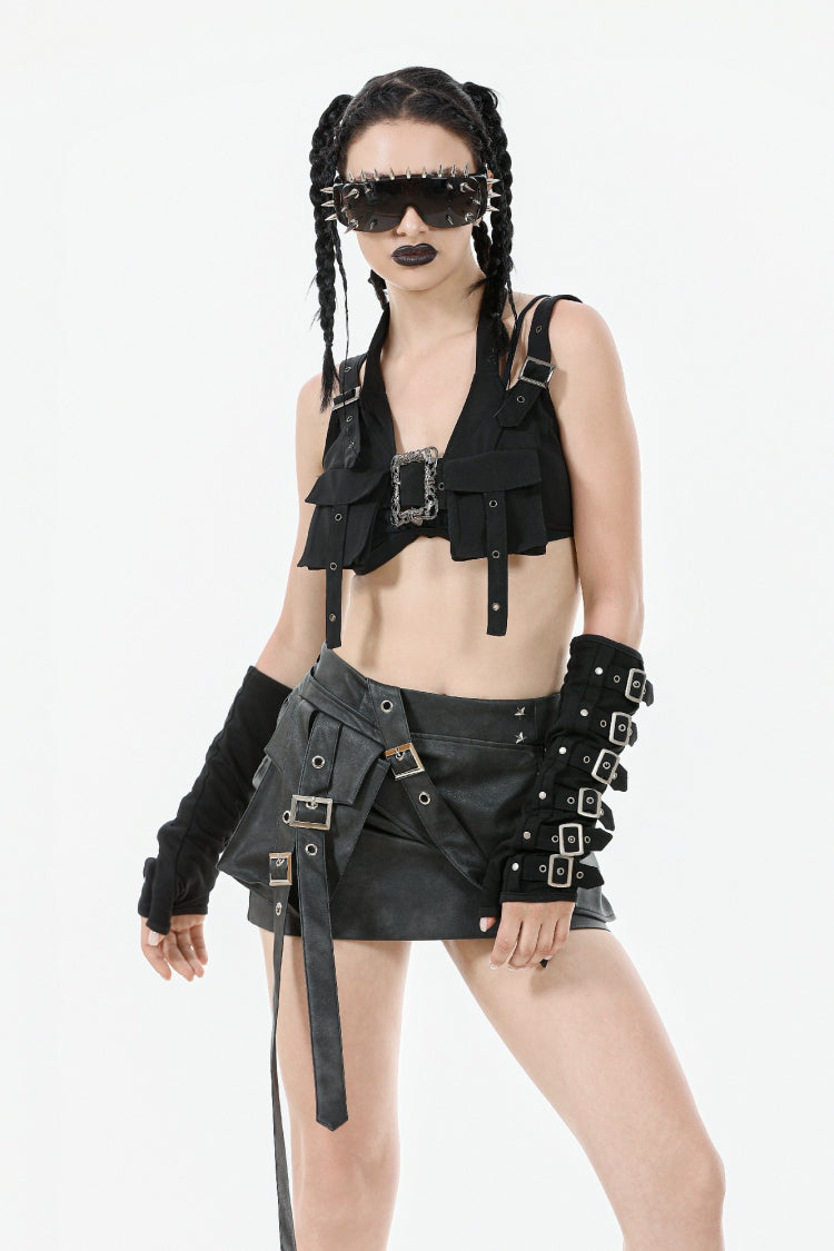 Functional Black Buckled Halter Punk Utility Vest