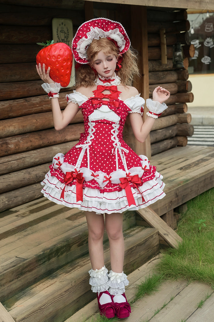 Wine Red Halterneck Short Sleeve Triple-Layered Polka Dot Bow Lace-Up Sweet Dress