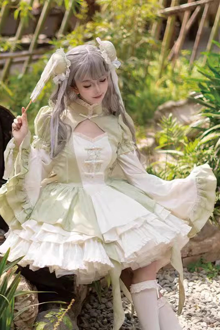Emerald Trumpet-Sleeve Chinese-Style Lolita JSK Set with Bow and Lace