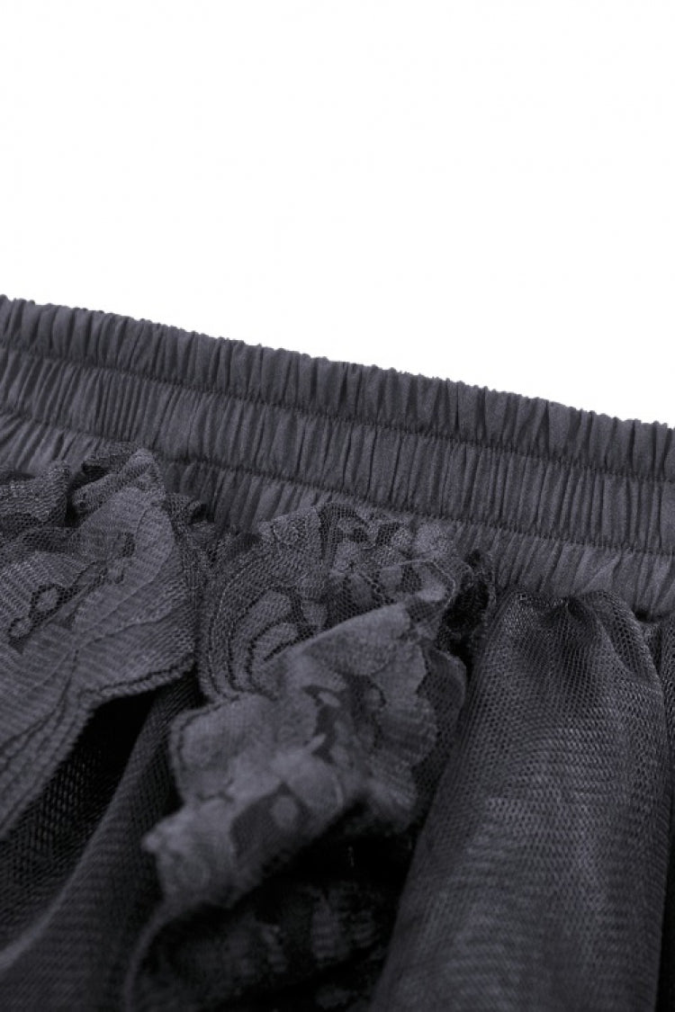 Gothic Swallow Tail Skirt with Irregular Lace Ruffles, Black