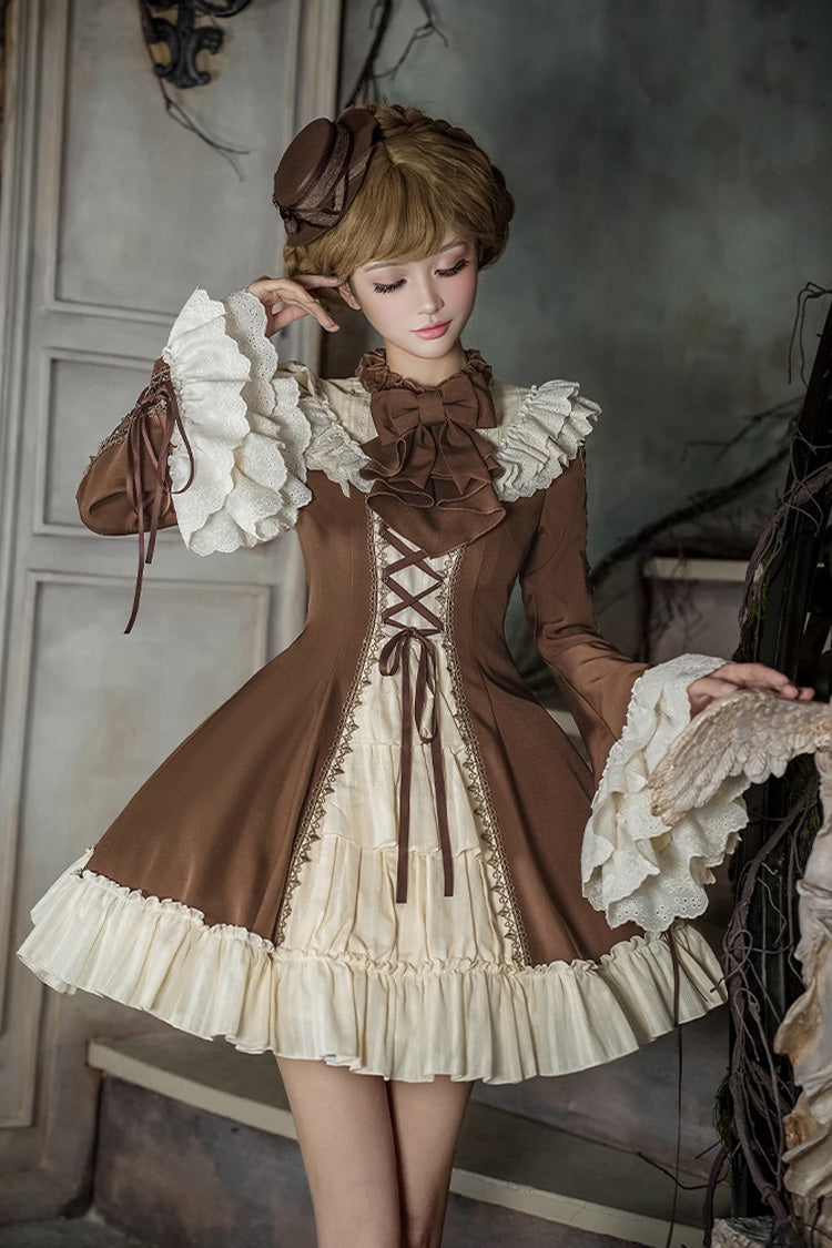 Brown Beige Nutcracker Stand Collar Long Trumpet Sleeves Ruffle Cardigan Lace-Up Sweet Lolita Dress Set
