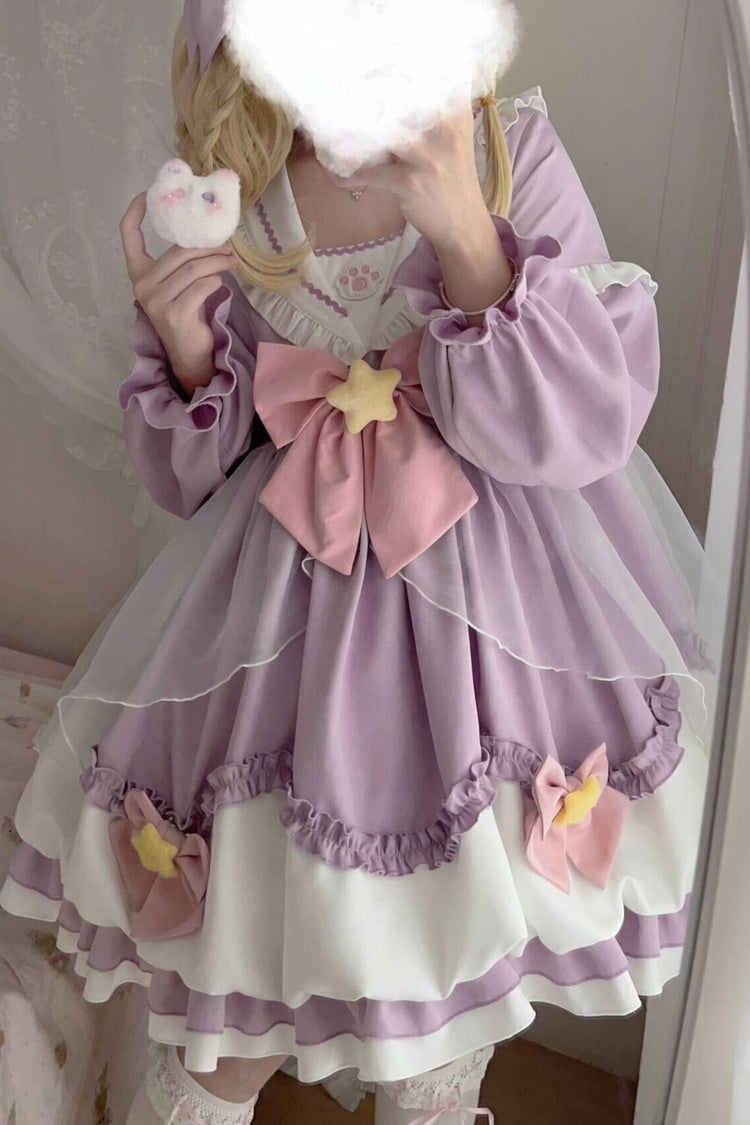 Pray Star Sweet Lolita Dress with Double Ruffles and Stitching