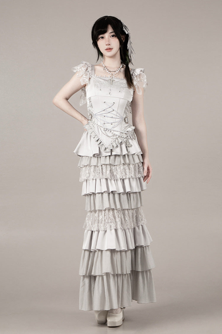 Bionic Doll Square Collar Gothic Lolita Corset Set with Fishtail Skirt, Multi-Layer Ruffles