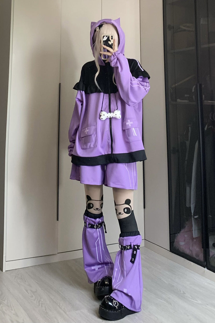 Orchid Cat-Ear Hooded Jirai Kei Shorts Jacket Set