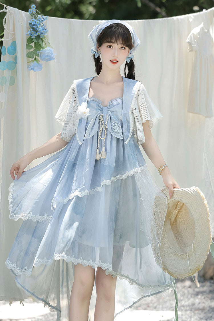 Print Ruffle Embroidery Bow Lace Irregular Lolita Jumper Dress - Blue