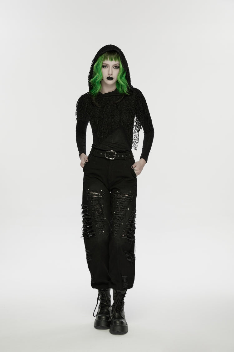 Decadent Denim Pants with Rips and Eyelets for Women