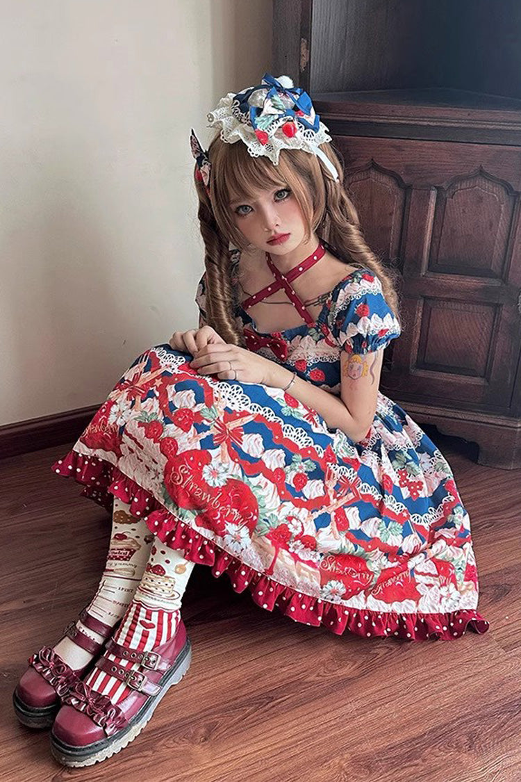 Cream Berry Fairy Red/Blue Short Sleeves Printed Ruffled Bow Sweet Lolita Dress - Miss Brown
