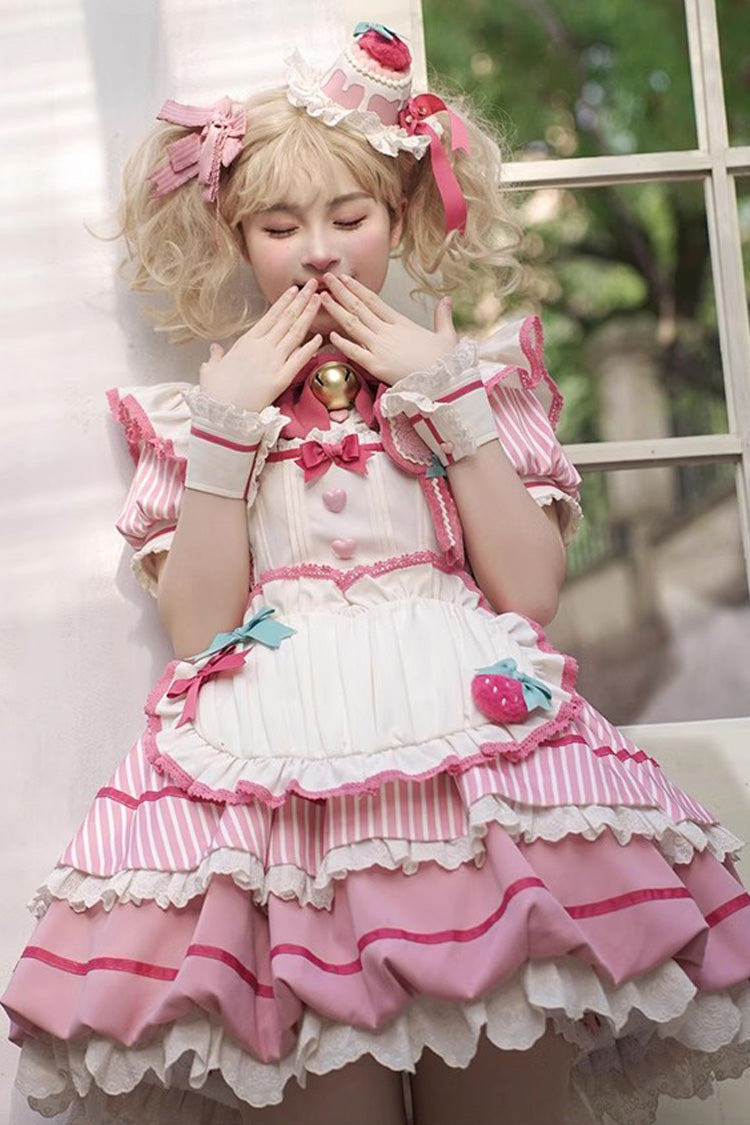 Pink Berry Bubbles Stripe Print Ruffle Bow Lace Sweet Lolita Dress