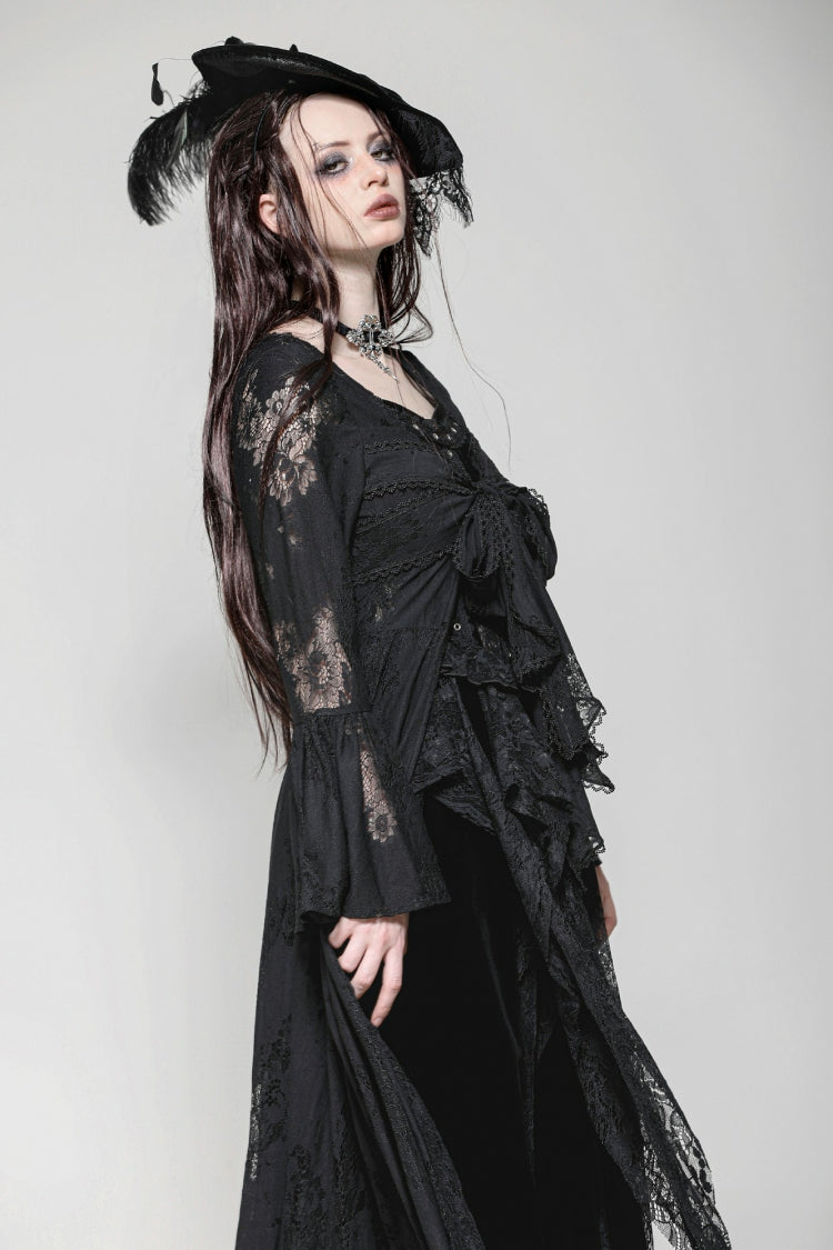 Jet-Black Elegant Robe with Lace Trim and Lacing for Women