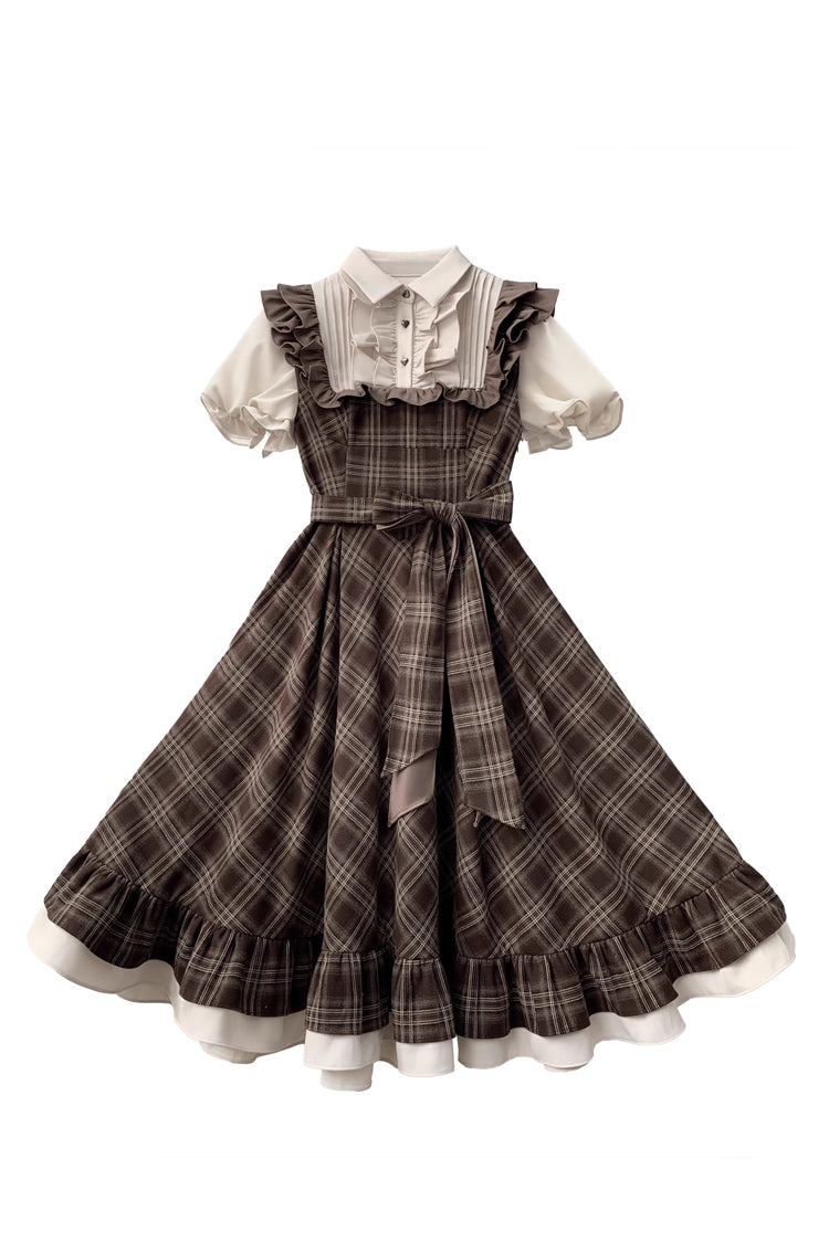 Brown Thames at Dusk Print Dress with Ruffled Bow and Short Sleeves