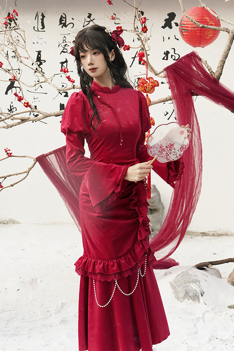 Scarlet Embroidered Lace Bow Classic Chinese Elegant Lolita Dress
