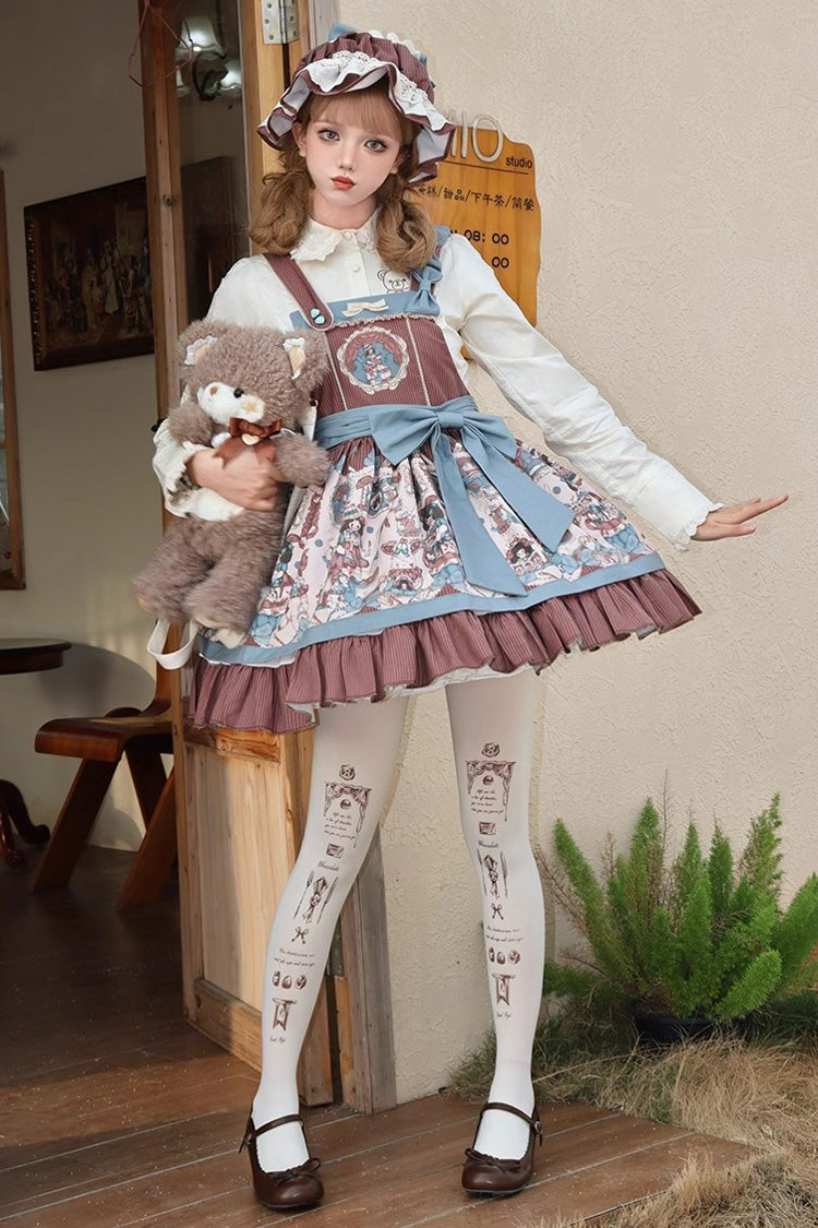 Brown Doll Print Bow Sweet Strap Dress