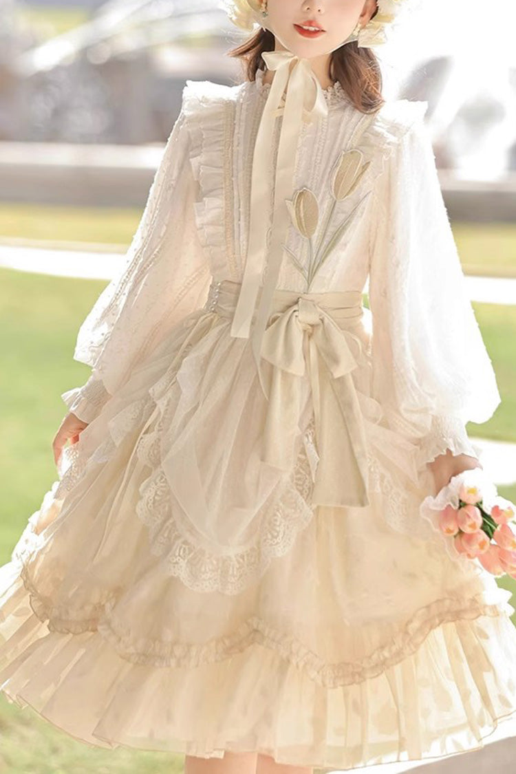 Ivory Mandarin Collar Long Sleeve Print Ruffled Sweet Lolita Gown