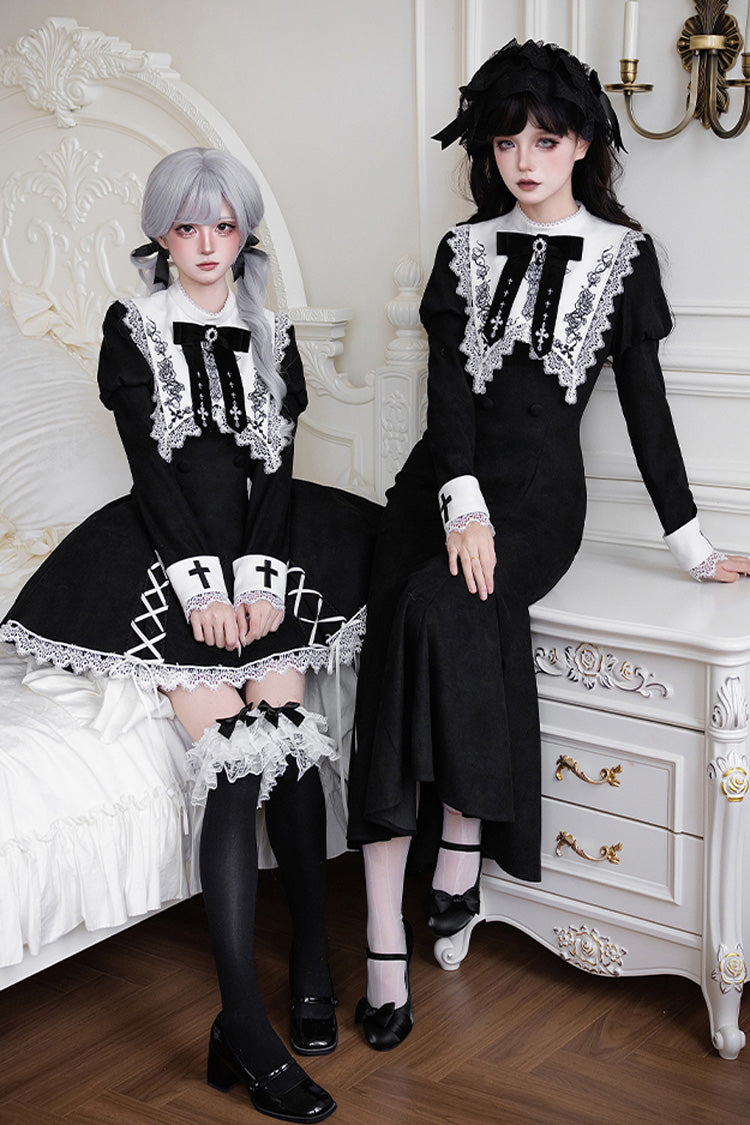 Rose Doll Square Collar Lace-Up Gothic Lolita Dress Set with Bow