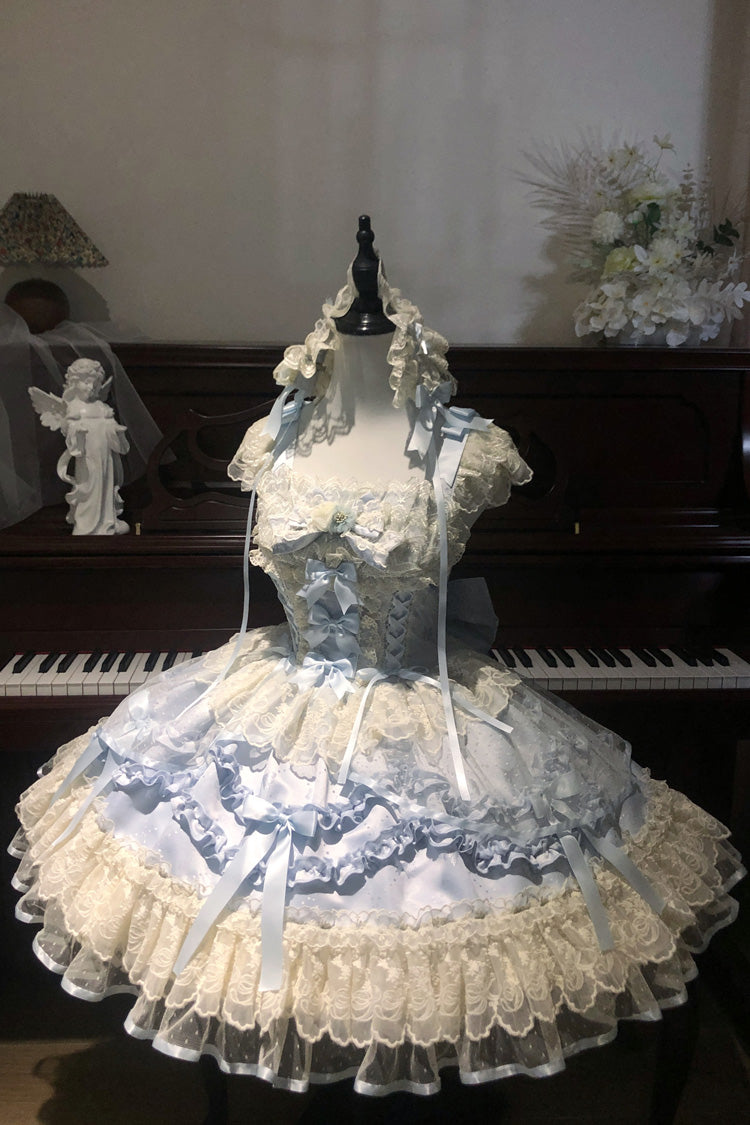 Dreaming Butterfly Blue Multi-Layered Jacquard Ruffle Bowknot Lace Sweet Princess JSK Dress
