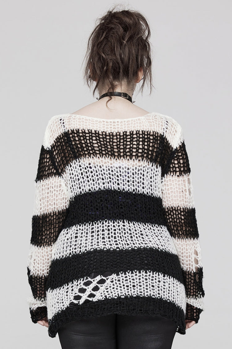 Gothic Striped Sweater - Ripped, Irregular Hem, 4 Shades