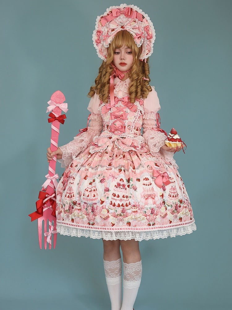 JSK Set Full Accents Print Pink Desserts Lolita Bow Sweet and / Strawberry