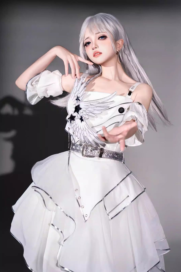 Ivory Asymmetric Collar Punk JSK Dress Set - Silver Wings