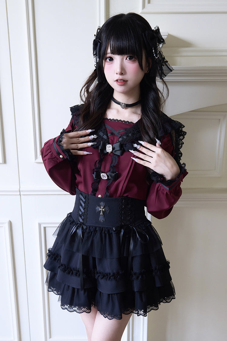 Navy Collar Bowknot Lace Long Sleeve Jirai Blouse in Three Colors