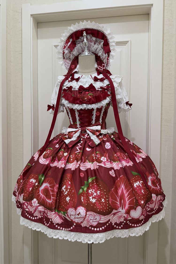 Strawberry Print Ruffled Bow Lace Sweet Lolita JSK