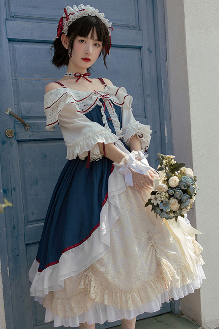 Blue and White Sweet Lolita Cardigan with Bowknot and Long Sleeves