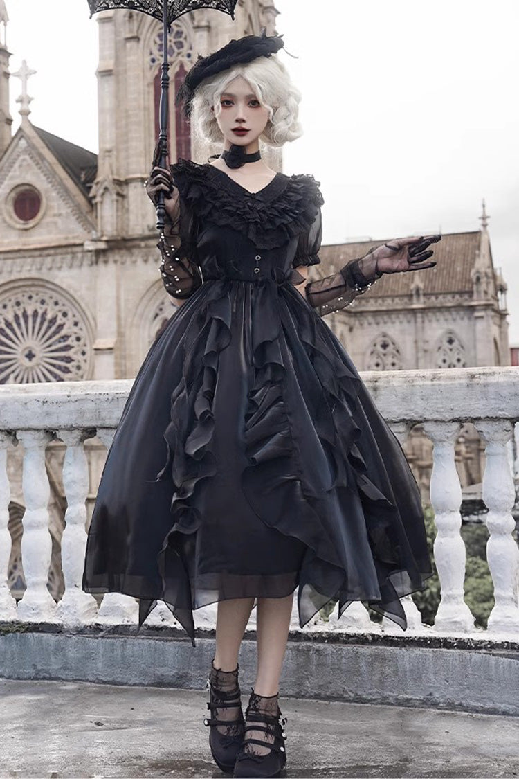 Lace-Trim Puff-Sleeve Gothic Lolita Dress