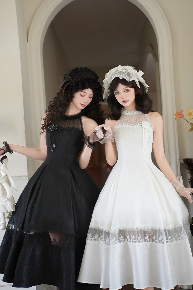 Ivory Off Shoulder Halter Print Ruffle Gothic Elegant Dress