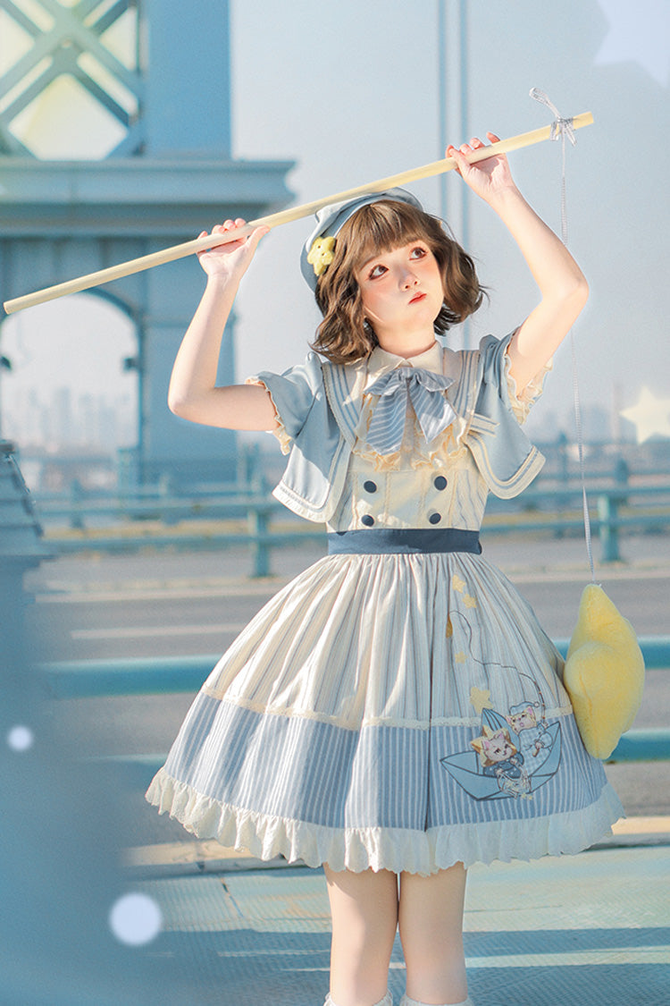 Blue Ivory Star Printed Sleeveless Sweet Lolita Dress - Navy Style