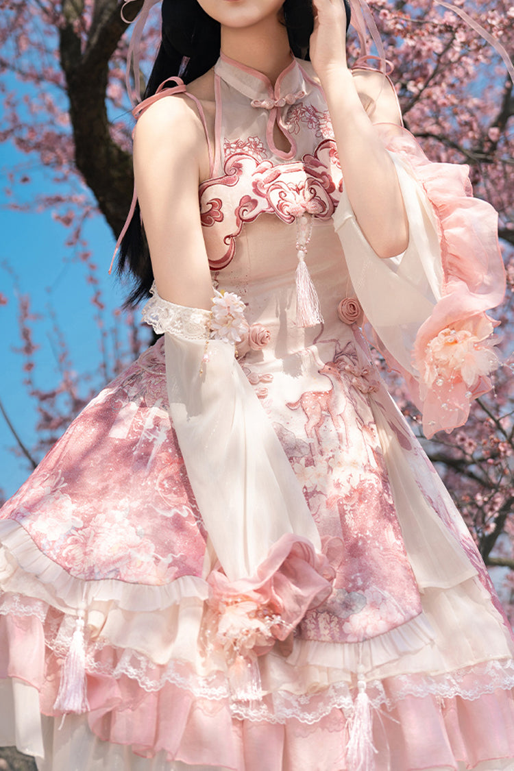 Flower Feast Pink Multi-Layered Print Ruffle Bowknot Sweet JSK Dress