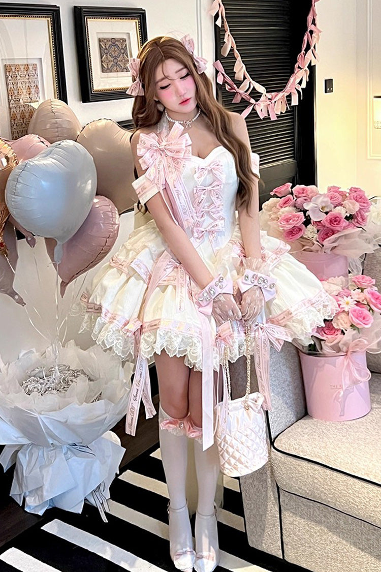 Pink Halterneck Sleeveless Multi-Layered Ruffle Bow Sweet Dress
