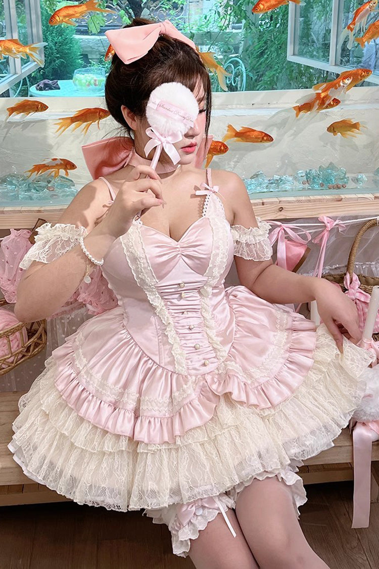 Pink Multi-Layered Ruffled Bow Lace Sweet Ballet Lolita JSK Dress