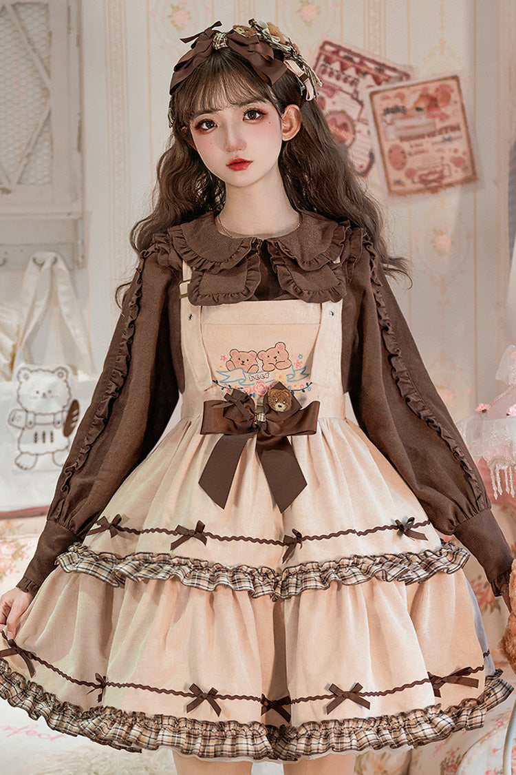 Khaki Cute Bear Embroidered Sleeveless Double Layer Ruffle Bow Sweet Jsk Dress