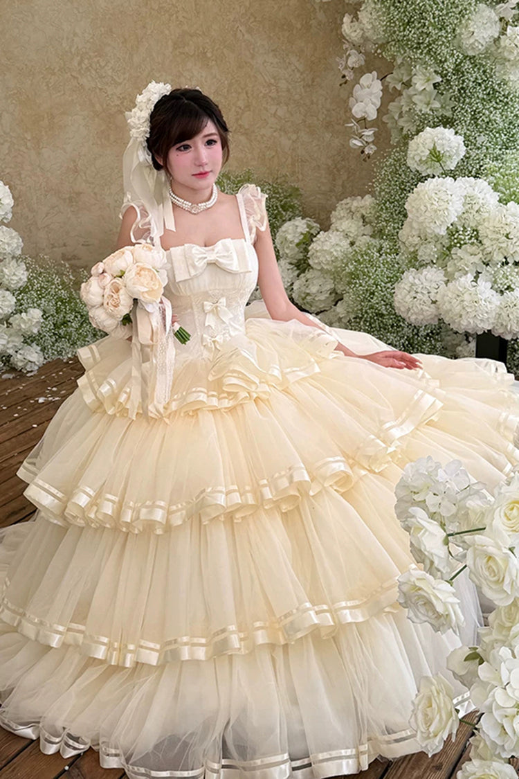 Organza Satin Sleeveless Layered Ruffled Bow Lace Sweet Lolita JSK - Apricot