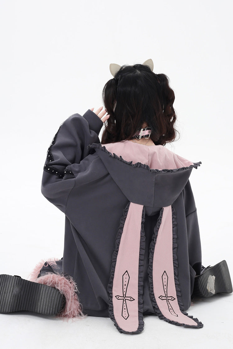 Heart Print Hooded Zipper Coat with Bunny Ears - Striped Bunny Ears