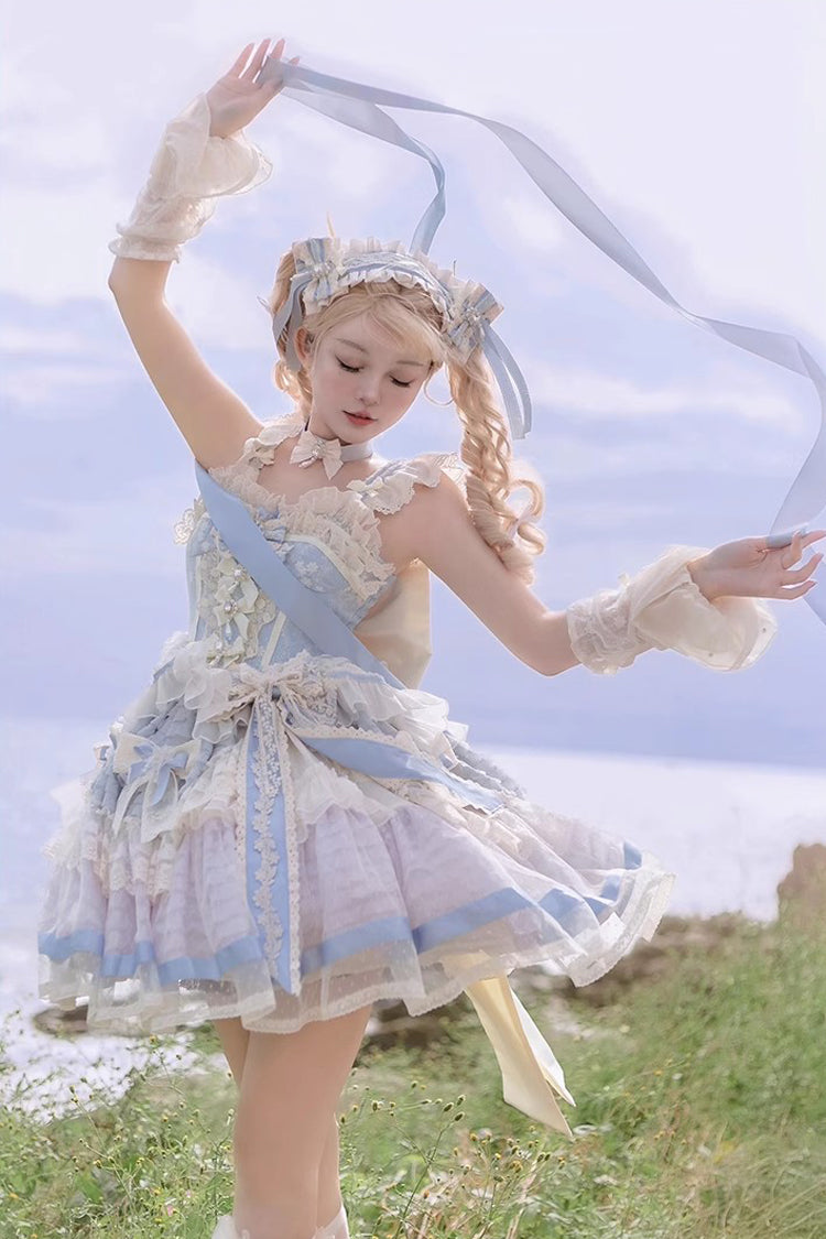 Moonstone Sleeveless Ruffle Embroidery Bow Lace Fishbone Princess Dress in Blue