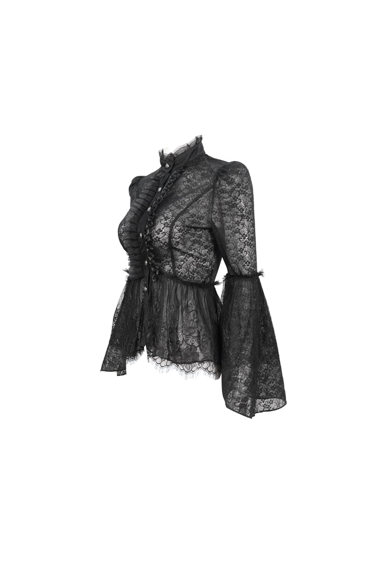 Gothic Round-Neck Flared-Sleeve Black Lace Women's Elegant Blouse