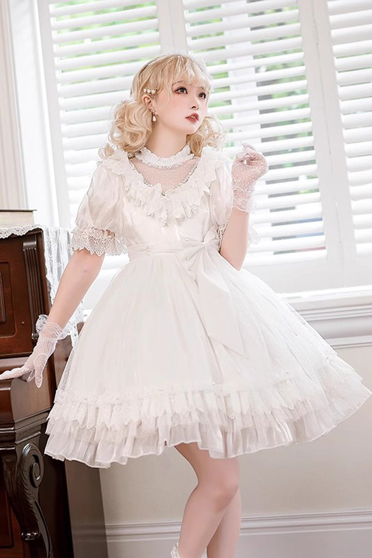 White Layered Ruffle Hanayome Hollow Bow Lace Vintage Gorgeous Lolita Dress