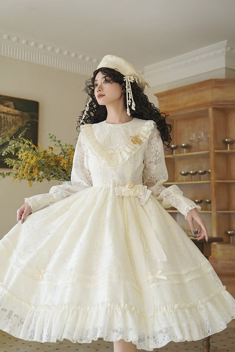 Cream Flower Sound Long Sleeve Frilled Cardigan Bow Lace Sweet Lolita Dress