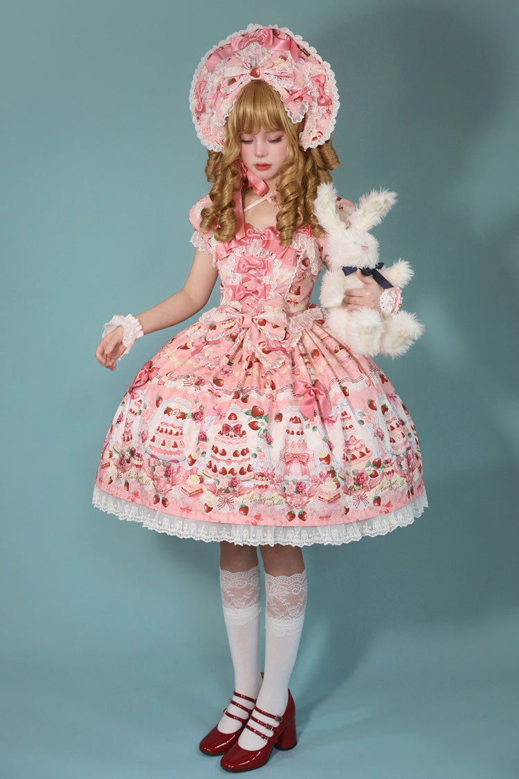Square Collar Bowknot Lace Sweet Dress with Short Sleeves - Strawberry Cake Bouquet